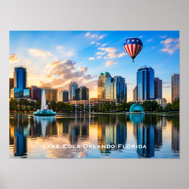 Poster Orlando Florida Skyline Lake Eola Hot Air Balloon (Devant)