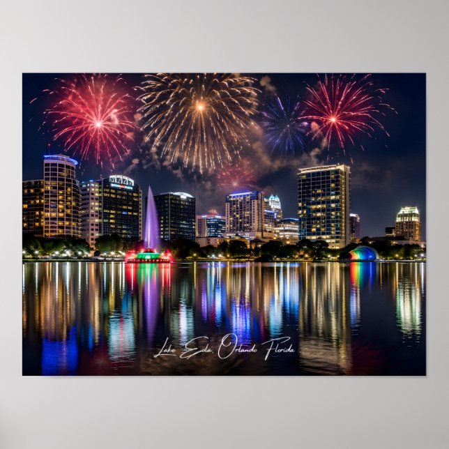 Poster Orlando Florida Skyline with Lake Eola Fireworks (Devant)