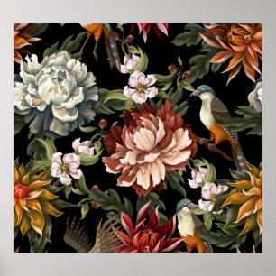 Poster Ornat Vintages, Roses, Oiseaux.
