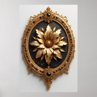 Poster Ornate Gold Frame With Large Metallic Flower Medal