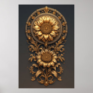 Poster Ornate Gold Frame With Large Metallic Flower Medal