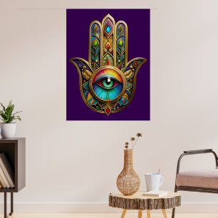 Poster Orné Hamsa Coloré Or Sur Fond Rouge Troisième Œil 