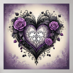 Poster Orné Noir Pourpre Coeur 💜 Gothique Vintage