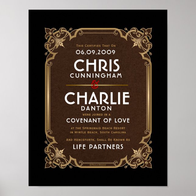 Poster Orné or bordure noir blanc mariage certificat (Devant)