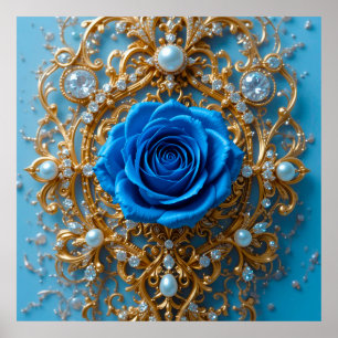 Poster ✨ Ornement Doré Rose Bleue Perle Pour Maison Éléga