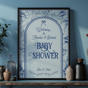 Poster Ornement Floral Bleu Poussiéreux Baptême Classique
