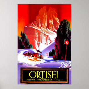 Poster Ortisei, Alpes Dolomiti, Val Gardena ski, Italie
