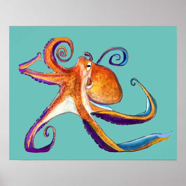 Poster Otopus vie marine aquarelle art (Devant)