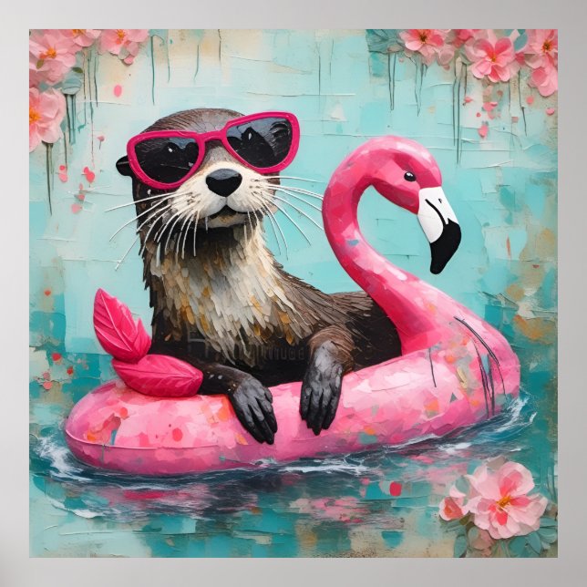 Poster Otter flottant sur un Flamant rose rose drôle Coll (Devant)