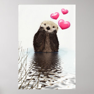 Poster Otter mignonne avec Coeurs d'Amour Rose