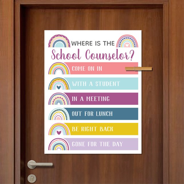 Poster Où est la porte du bureau du conseiller scolaire S (Where Is The School Counselor Office Door Sign in Boho Rainbow Design)