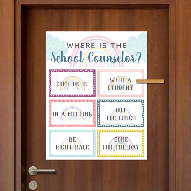 Poster Où est la porte du bureau du conseiller scolaire S (Where Is The School Counselor Office Door Sign in Boho Rainbow Design)