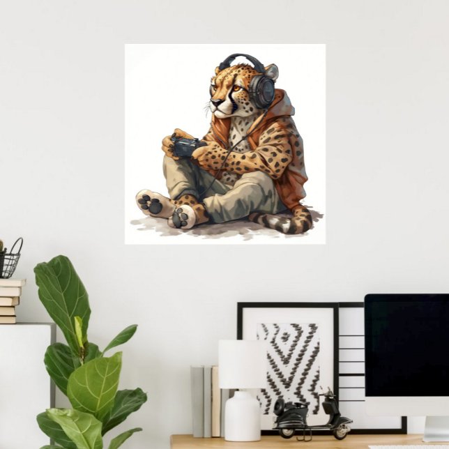 Poster ou télécharger Gamer Cheetah pour enfants (Gamer Cheetah Funny Canvas Print for Kids Cheetah playing video games)