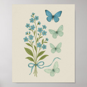 Poster Oubliez-moi-Nots et papillons bleus - Botanique