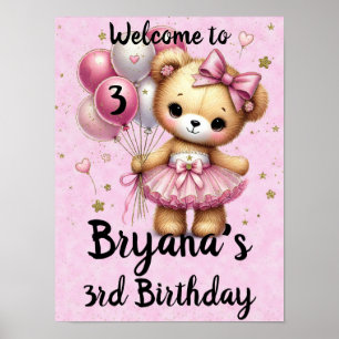 Poster Ours Ballerine Rose Glitter Ballon Fête d'Annivers