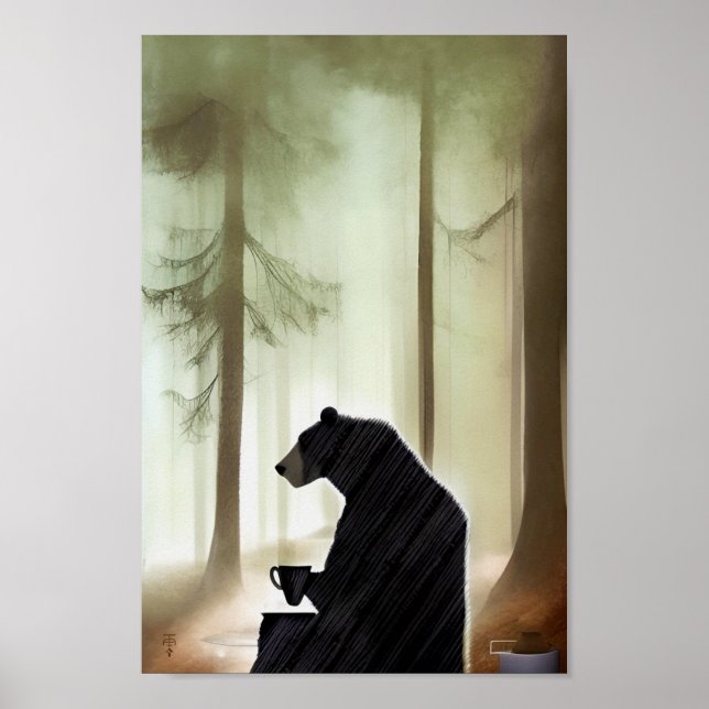 Poster Ours Boire du café dans les bois (Devant)