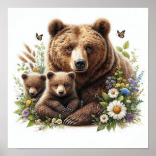 Poster Ours Brown avec des oursons dans une prairie flora