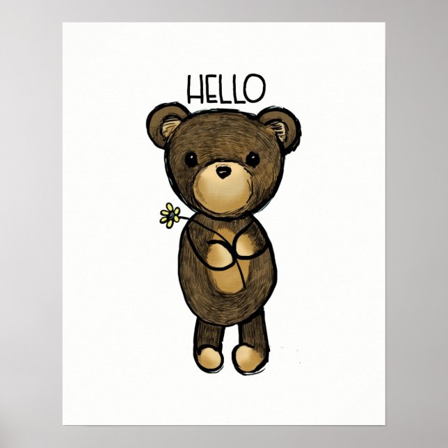 Poster Ours Brown mignon tenant une Fleur Jaune (Devant)