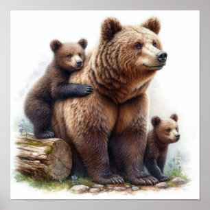 Poster Ours brun avec deux oursons Famille faunique