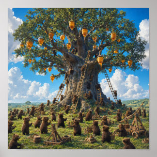 Poster Ours cueillant du miel d'un arbre