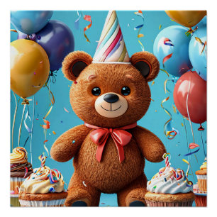 Poster Ours d'anniversaire avec gâteau et ballons
