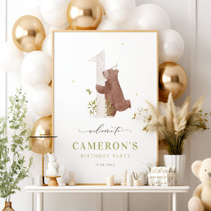 Poster Ours d'aquarelle Woodland Premier anniversaire Bie