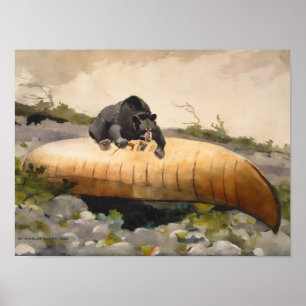 Poster Ours d'art rétro nature avec un canoë