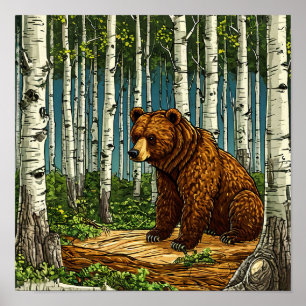 Poster 🐻 Ours de dessin animé dans une forêt de bouleaux