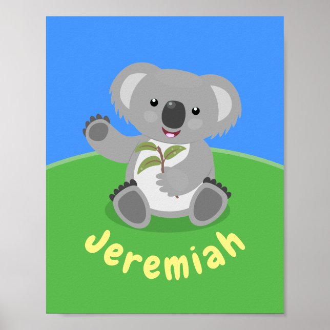 Poster Ours de koala mignon avec dessin animé feuille (Devant)