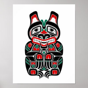 Poster Ours d'esprit haïda rouge et vert