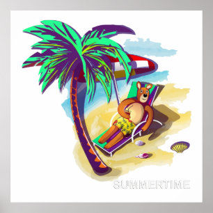 Poster Ours d'été relaxant sur la plage tropicale