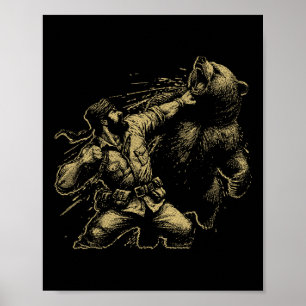 Poster Ours Drôle Homme Punching Ours Retro Chasse Vintag