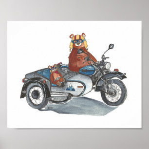 Poster Ours en moto avec Sidecar Adventure Await