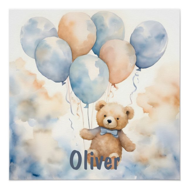 Poster Ours en peluche adorable avec ballons aquarelle (Devant)
