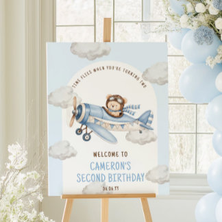 Poster Ours en peluche avion panneau de bienvenue d'anniv
