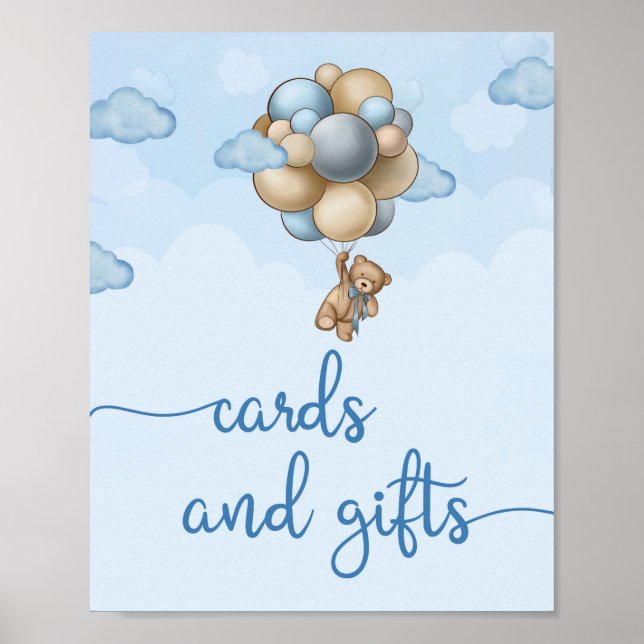 Poster Ours en peluche bleu brun ballons cartes et signes (Devant)