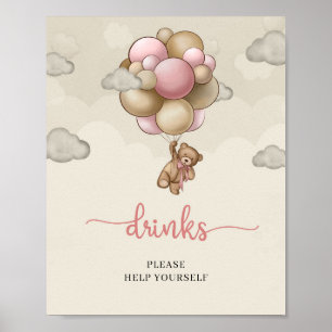 Poster Ours en peluche bleu brun ballons signe de table b