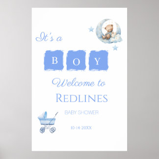 Poster Ours en peluche bleu C'est un garçon Baby Shower