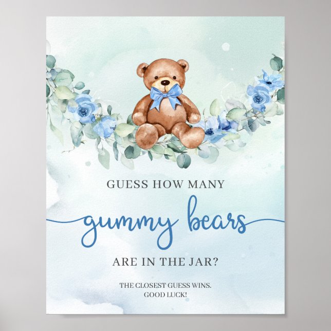 Poster Ours en peluche bleu floral Devis Combien d'Ours e (Devant)