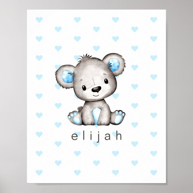Poster Ours en peluche bleu personnalisé pour bébé garçon (Devant)