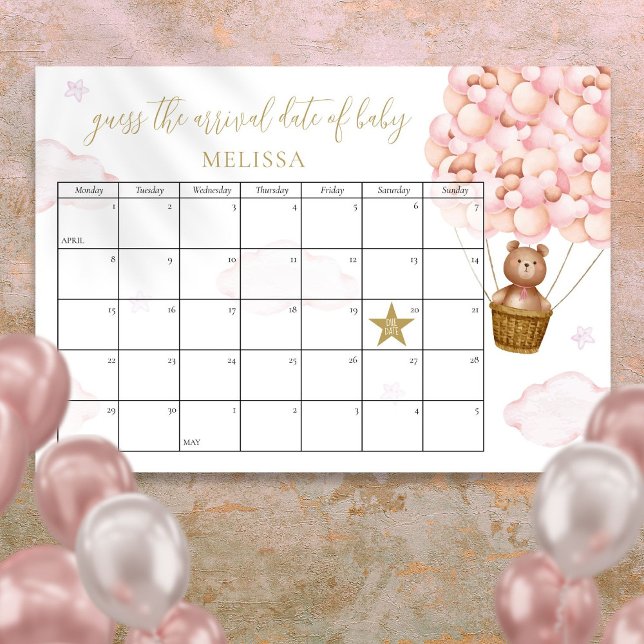 Poster Ours en peluche devinez la date prévue Rose Baby S (Guess The Due Date Teddy Bear Pink Baby Shower Poster)