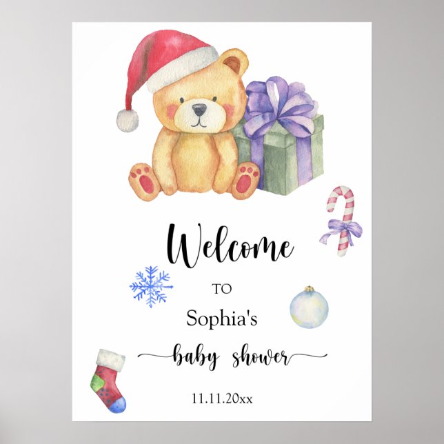 Poster Ours en peluche d'hiver - baby shower de bienvenue (Devant)