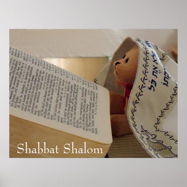 Poster Ours en peluche juif portant tallit Shabbat Shalom (Devant)