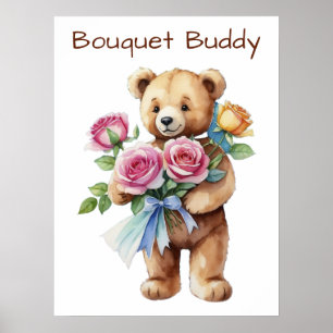 Poster Ours en peluche mignon avec bouquet de rose