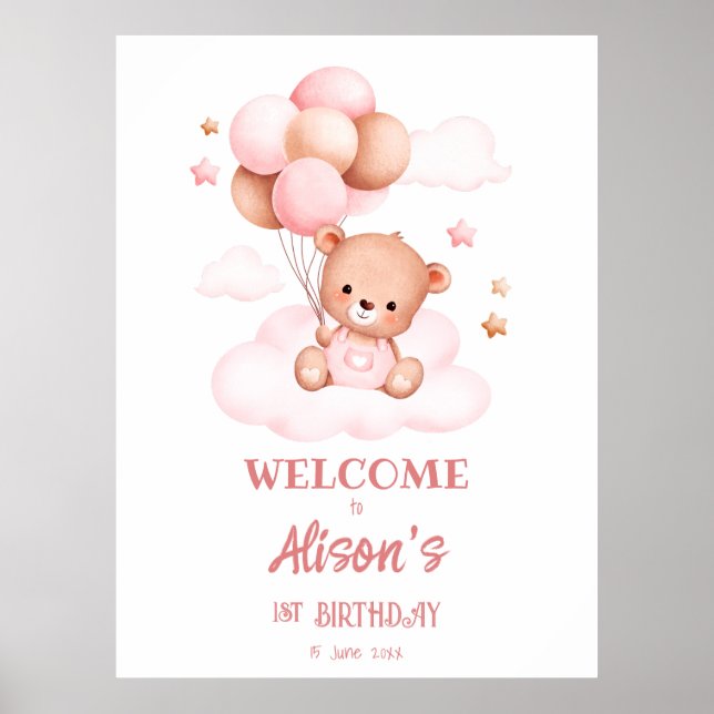 Poster Ours en peluche rose avec ballons sur nuages perso (Devant)