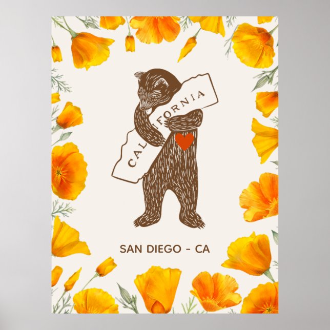 Poster Ours Enlacant La Californie Carte Coquelicots Pers (Devant)