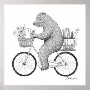 Poster Ours et lapin en route pour un pique-nique monochr