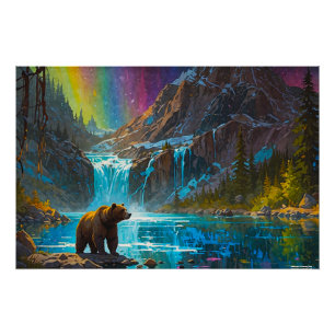 Poster Ours grizzli et aurores boréales