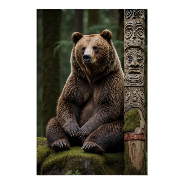 Poster Ours grizzli et totem Pole Art de la faune (Devant)