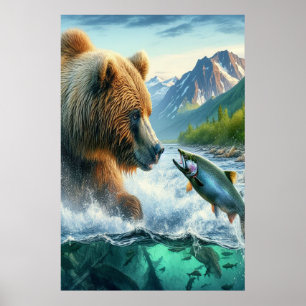 Poster Ours grizzlis avec saumon à truite arc-en-ciel 24x